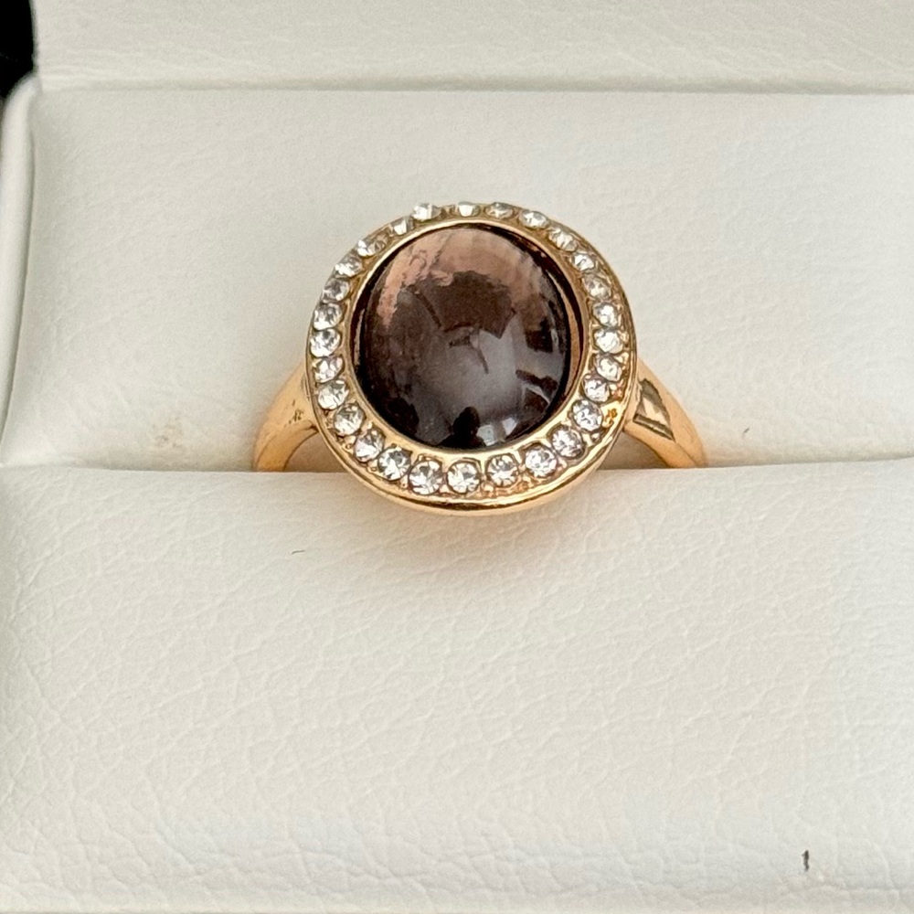 Gold Tone Oval Halo Ring with Smoky Brown Stone | Vintage Style Ring